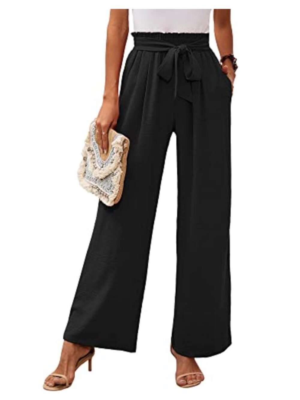 Women Wide Leg Pants Drawstring High Waist Tie Knot Casual Trousers with Pockets